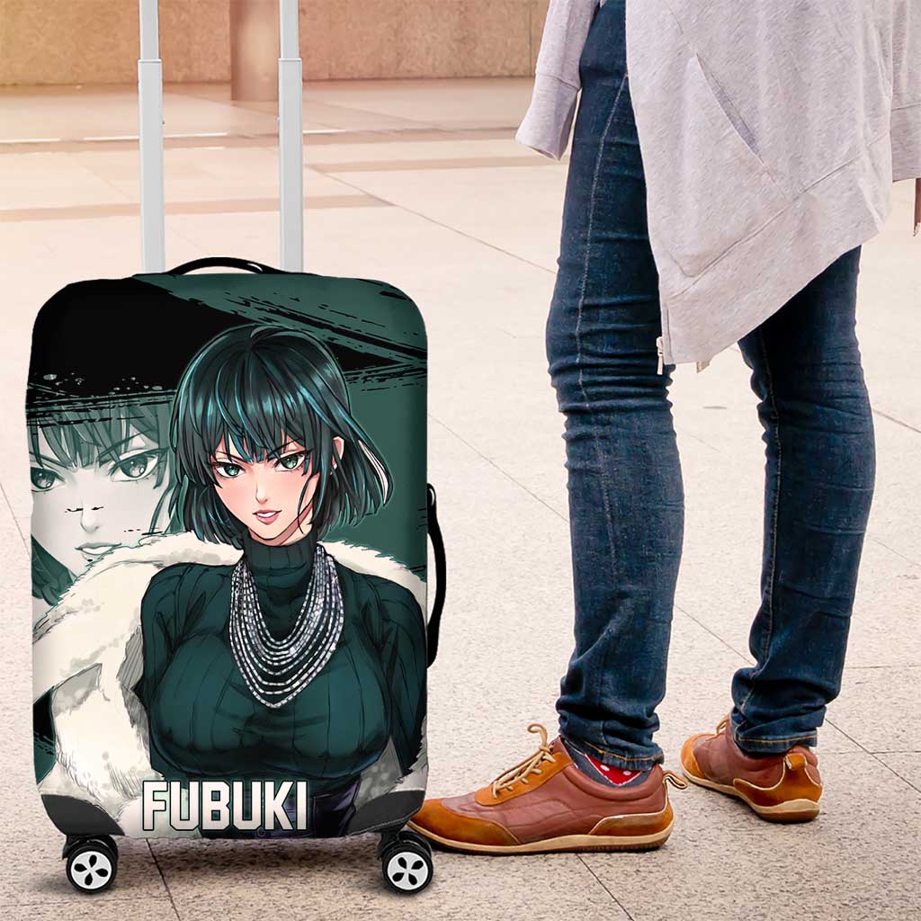 Fubuki One Punch Man Anime Teal and Black Theme Luggage Cover with Elegant Psychic Pose and Cool Urban Style - The Mazicc