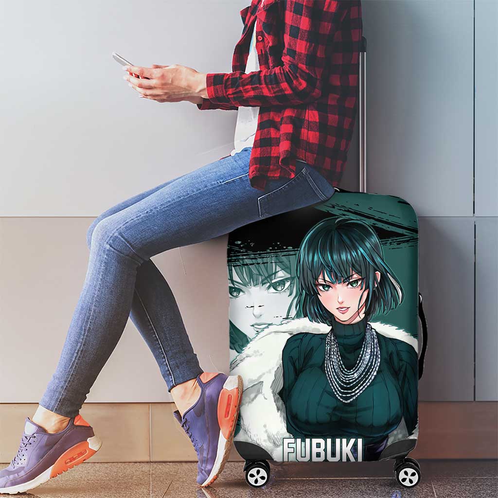 Fubuki One Punch Man Anime Teal and Black Theme Luggage Cover with Elegant Psychic Pose and Cool Urban Style - The Mazicc