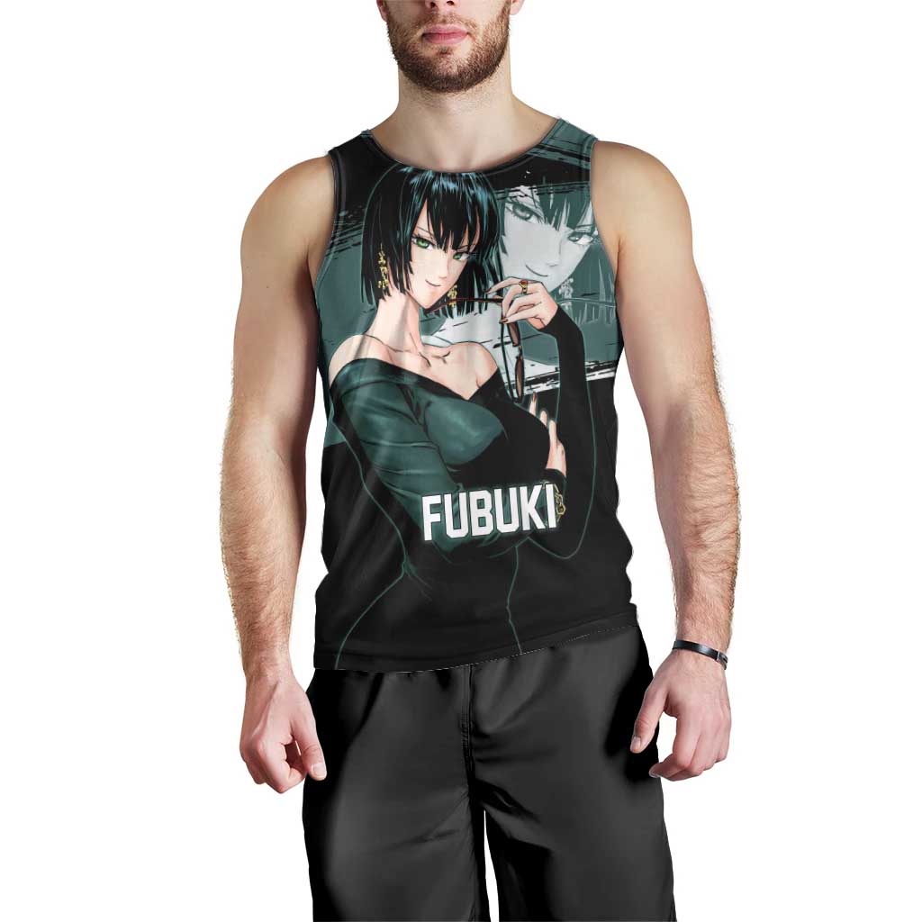 Fubuki One Punch Man Anime Teal and Black Theme Men Tank Top with Elegant Psychic Pose and Cool Urban Style - The Mazicc