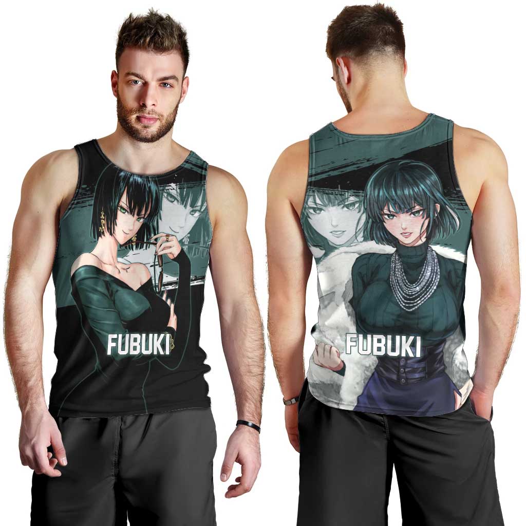 Fubuki One Punch Man Anime Teal and Black Theme Men Tank Top with Elegant Psychic Pose and Cool Urban Style - The Mazicc