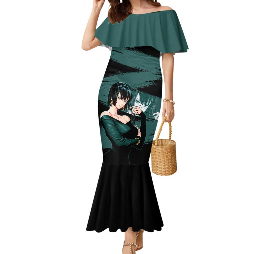 Fubuki One Punch Man Anime Teal and Black Theme Mermaid Dress with Elegant Psychic Pose and Cool Urban Style - The Mazicc