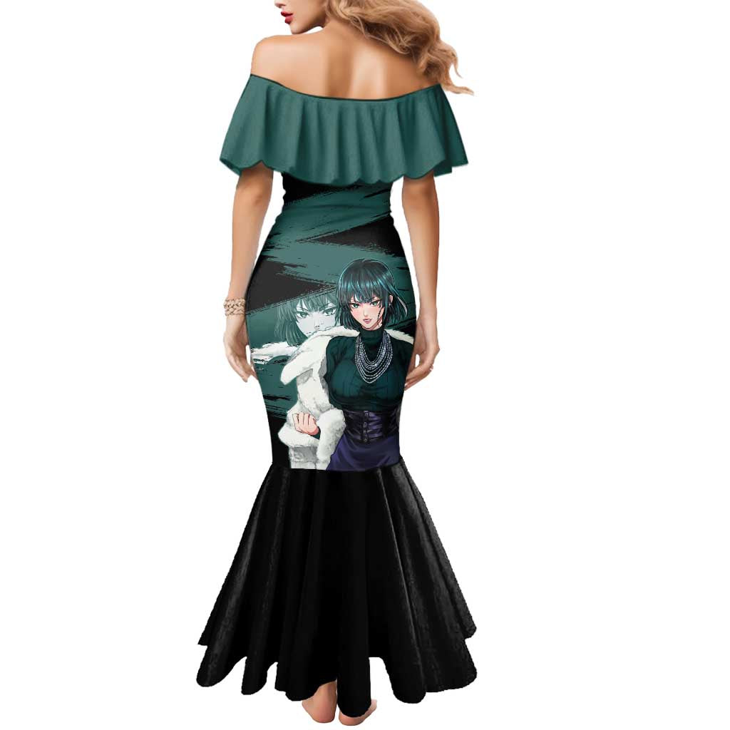Fubuki One Punch Man Anime Teal and Black Theme Mermaid Dress with Elegant Psychic Pose and Cool Urban Style - The Mazicc