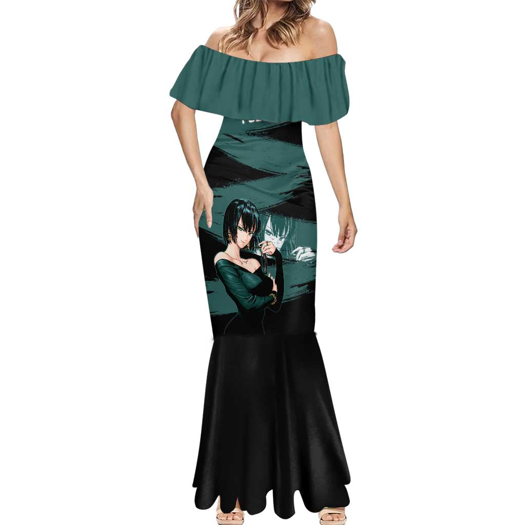 Fubuki One Punch Man Anime Teal and Black Theme Mermaid Dress with Elegant Psychic Pose and Cool Urban Style - The Mazicc