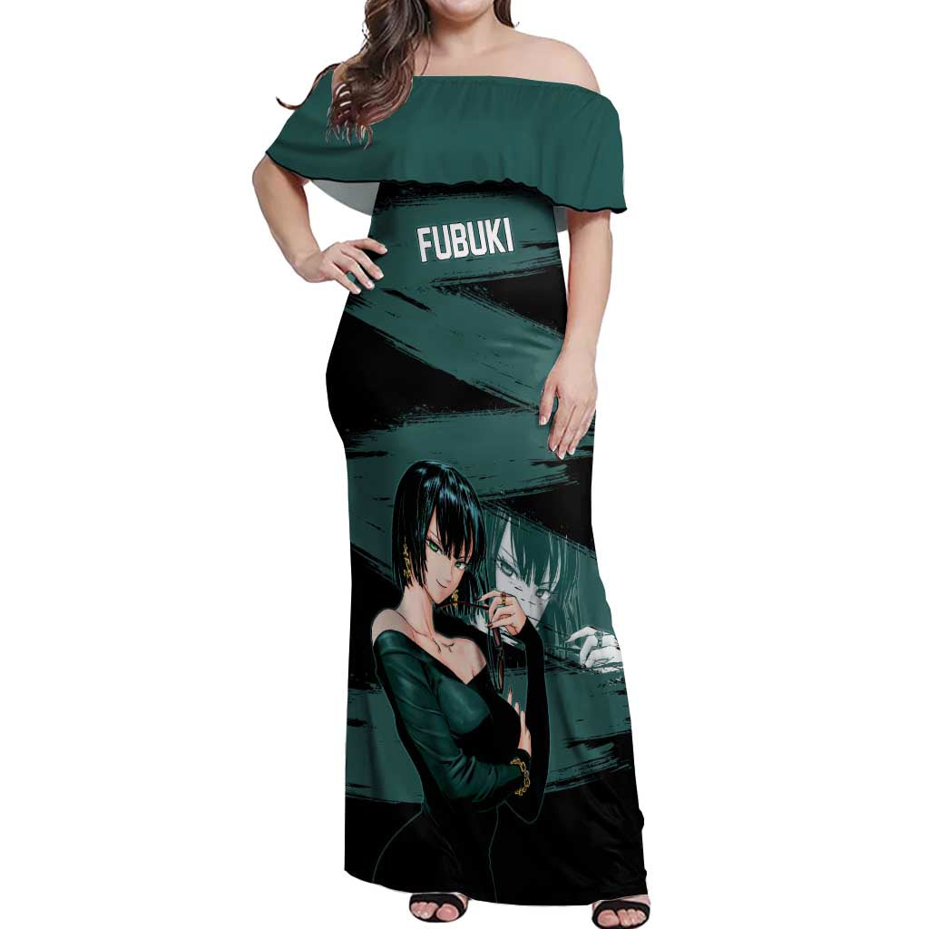 Fubuki One Punch Man Anime Teal and Black Theme Off Shoulder Maxi Dress with Elegant Psychic Pose and Cool Urban Style - The Mazicc