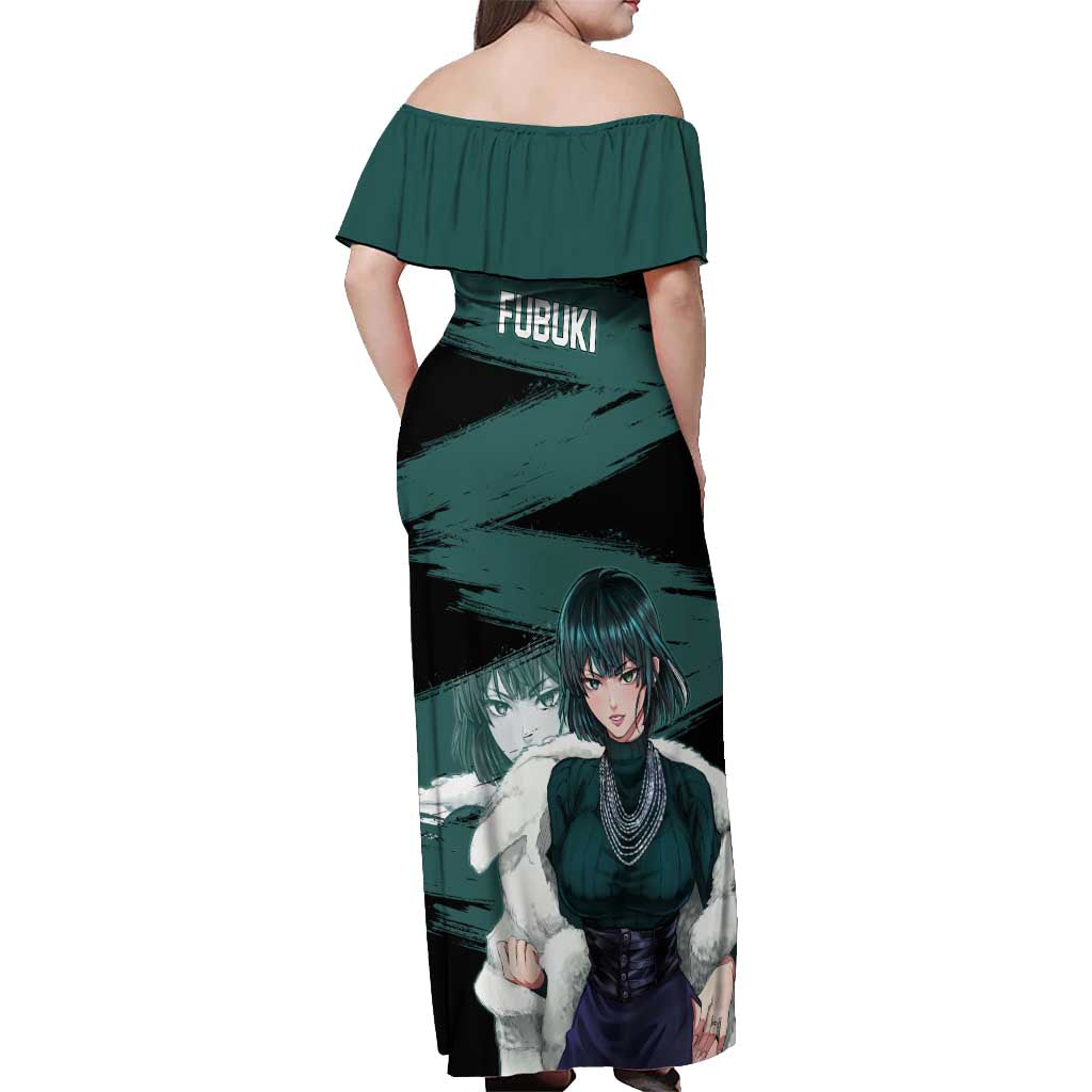Fubuki One Punch Man Anime Teal and Black Theme Off Shoulder Maxi Dress with Elegant Psychic Pose and Cool Urban Style - The Mazicc