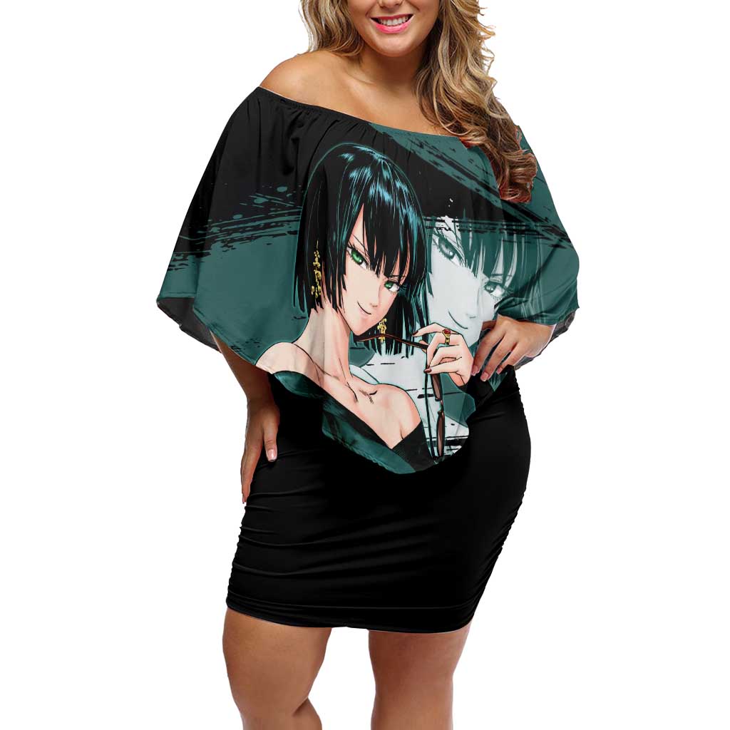 Fubuki One Punch Man Anime Teal and Black Theme Off Shoulder Short Dress with Elegant Psychic Pose and Cool Urban Style - The Mazicc