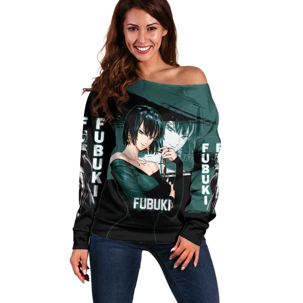 Fubuki One Punch Man Anime Teal and Black Theme Off Shoulder Sweater with Elegant Psychic Pose and Cool Urban Style - The Mazicc