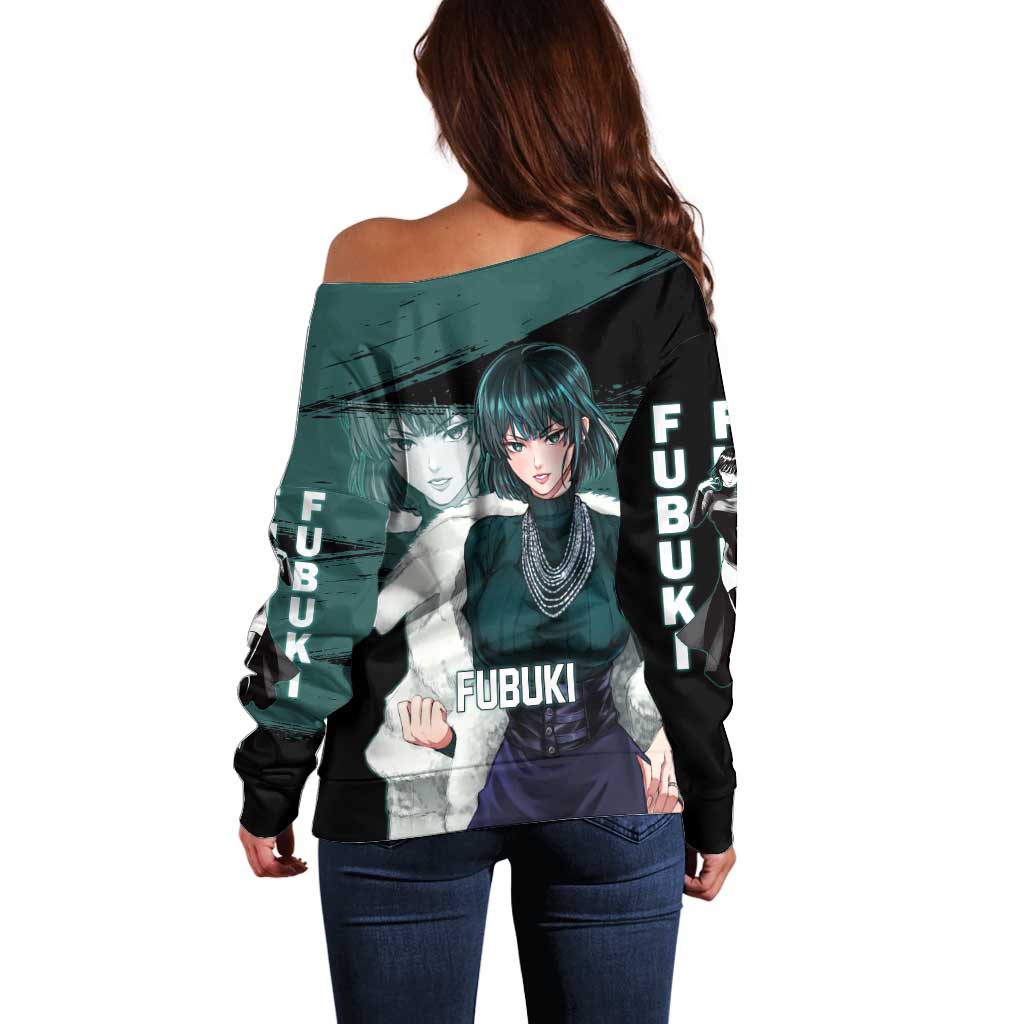 Fubuki One Punch Man Anime Teal and Black Theme Off Shoulder Sweater with Elegant Psychic Pose and Cool Urban Style - The Mazicc