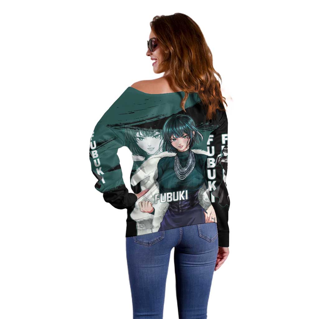 Fubuki One Punch Man Anime Teal and Black Theme Off Shoulder Sweater with Elegant Psychic Pose and Cool Urban Style - The Mazicc