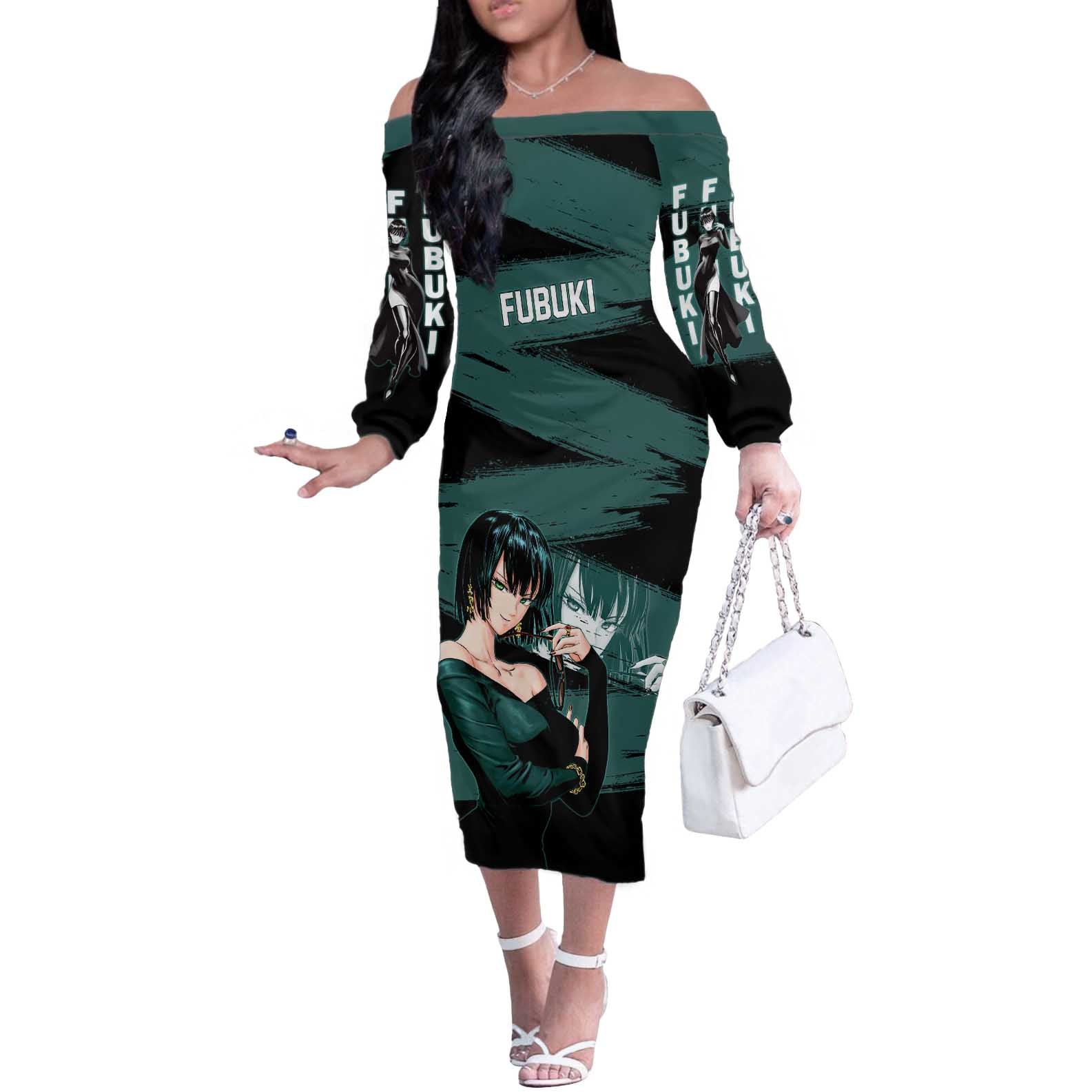 Fubuki One Punch Man Anime Teal and Black Theme Off The Shoulder Long Sleeve Dress with Elegant Psychic Pose and Cool Urban Style - The Mazicc