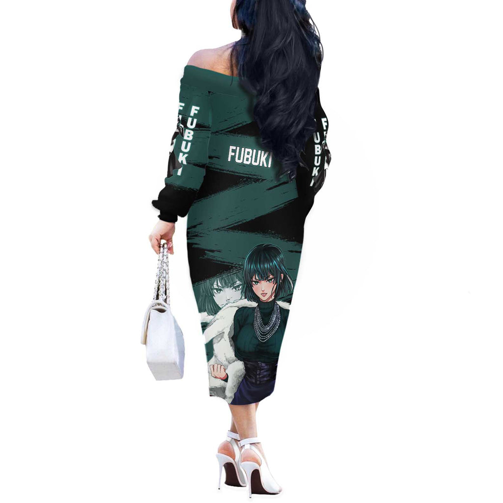 Fubuki One Punch Man Anime Teal and Black Theme Off The Shoulder Long Sleeve Dress with Elegant Psychic Pose and Cool Urban Style - The Mazicc