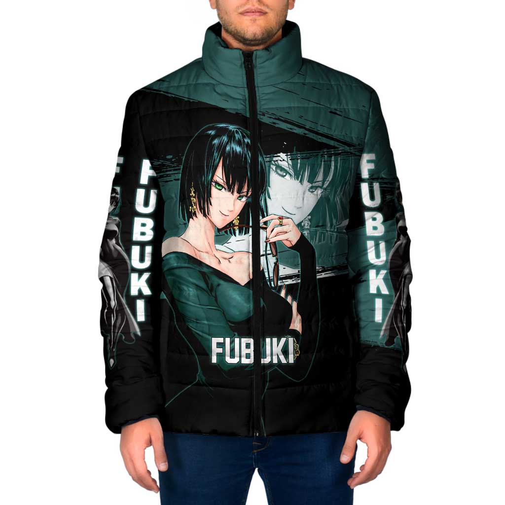Fubuki One Punch Man Anime Teal and Black Theme Padded Jacket with Elegant Psychic Pose and Cool Urban Style - The Mazicc