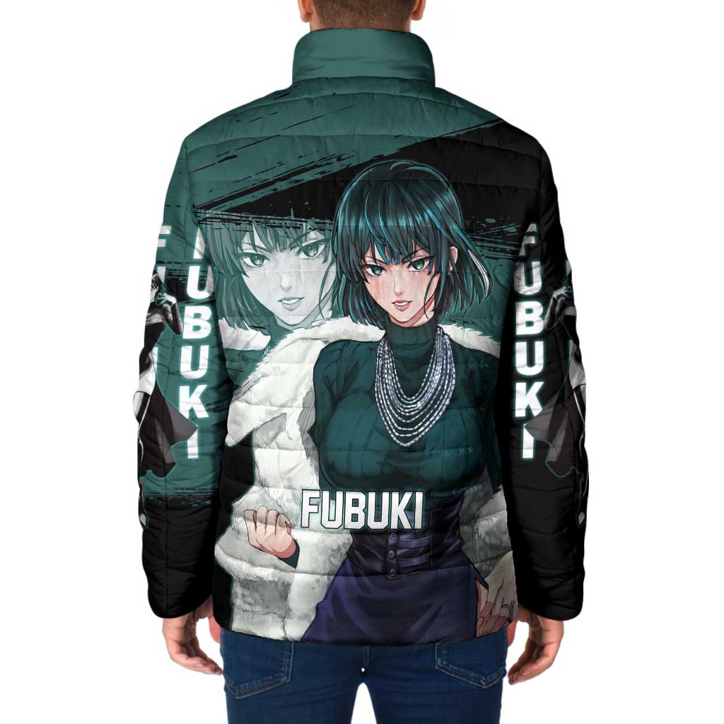Fubuki One Punch Man Anime Teal and Black Theme Padded Jacket with Elegant Psychic Pose and Cool Urban Style - The Mazicc