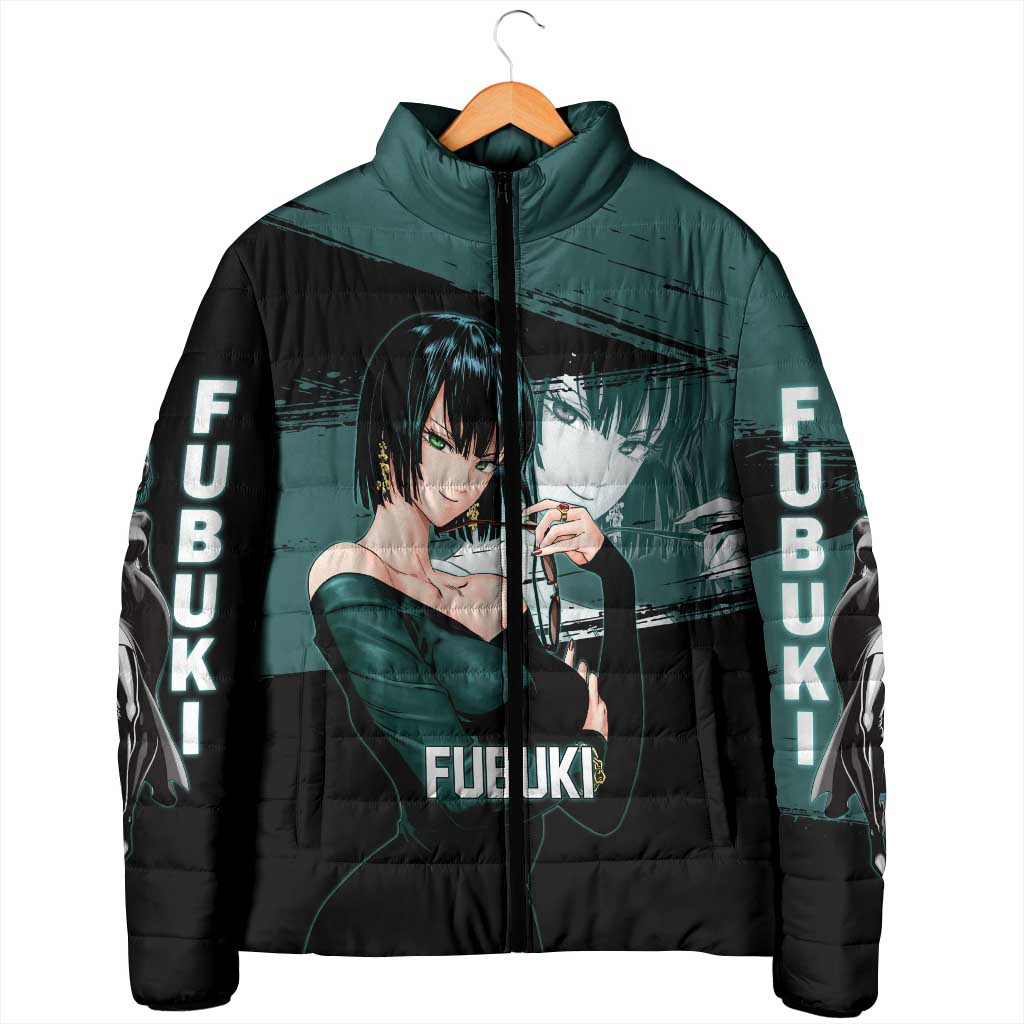 Fubuki One Punch Man Anime Teal and Black Theme Padded Jacket with Elegant Psychic Pose and Cool Urban Style - The Mazicc