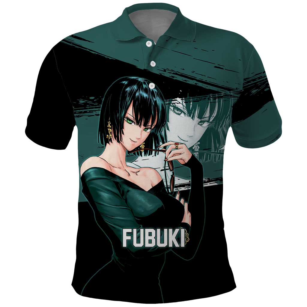 Fubuki One Punch Man Anime Teal and Black Theme Polo Shirt with Elegant Psychic Pose and Cool Urban Style - The Mazicc