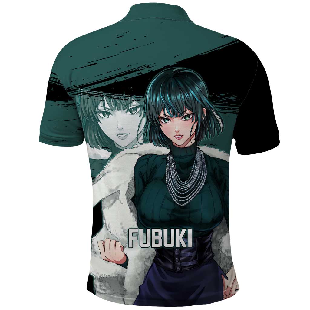 Fubuki One Punch Man Anime Teal and Black Theme Polo Shirt with Elegant Psychic Pose and Cool Urban Style - The Mazicc