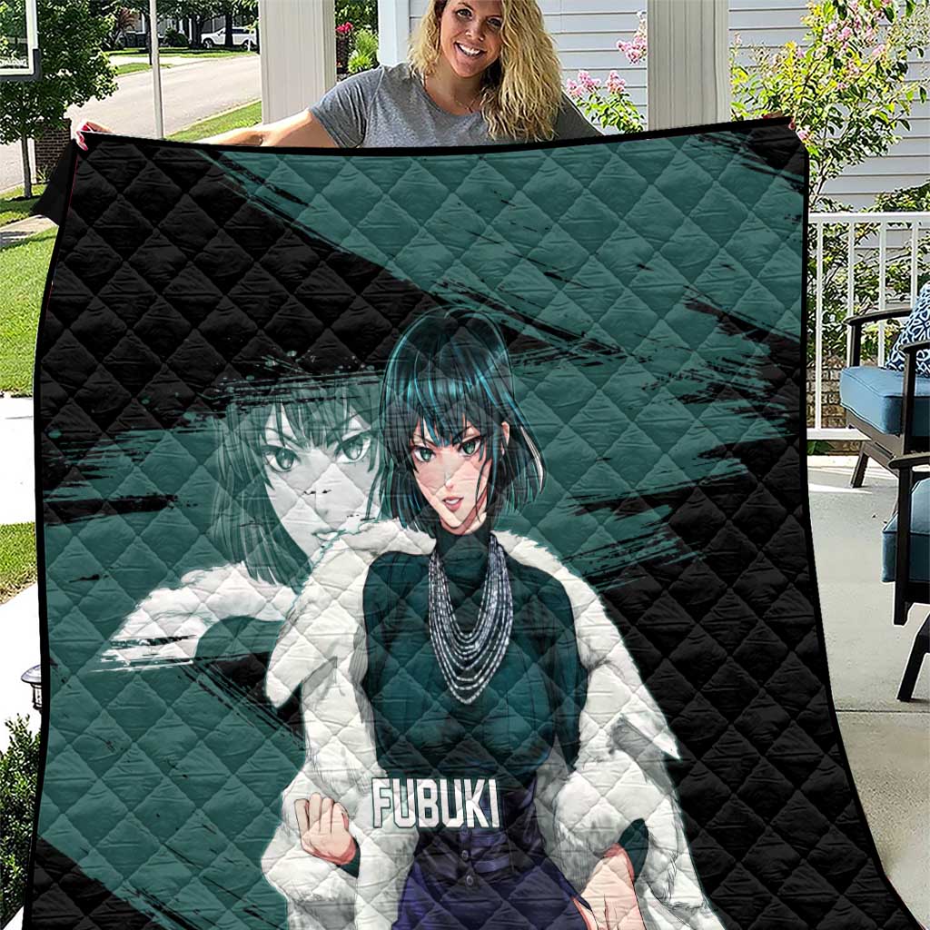 Fubuki One Punch Man Anime Teal and Black Theme Quilt with Elegant Psychic Pose and Cool Urban Style - The Mazicc
