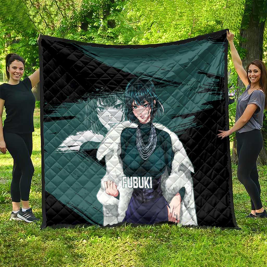 Fubuki One Punch Man Anime Teal and Black Theme Quilt with Elegant Psychic Pose and Cool Urban Style - The Mazicc