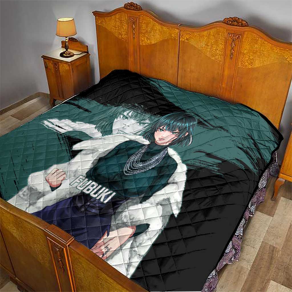 Fubuki One Punch Man Anime Teal and Black Theme Quilt with Elegant Psychic Pose and Cool Urban Style - The Mazicc