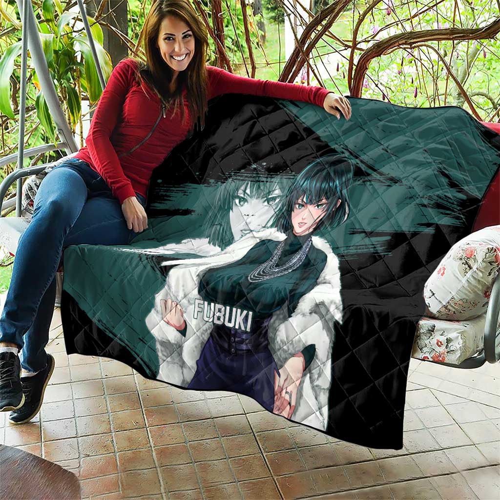 Fubuki One Punch Man Anime Teal and Black Theme Quilt with Elegant Psychic Pose and Cool Urban Style - The Mazicc
