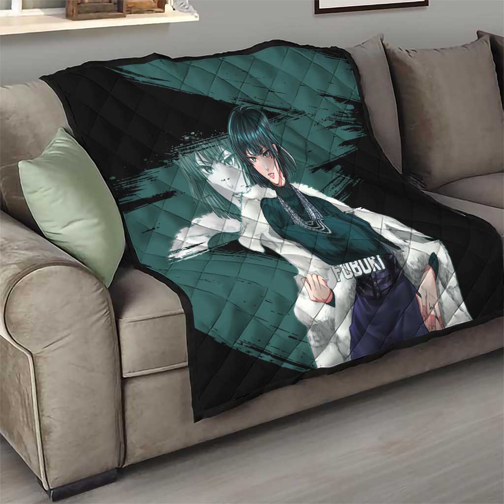 Fubuki One Punch Man Anime Teal and Black Theme Quilt with Elegant Psychic Pose and Cool Urban Style - The Mazicc