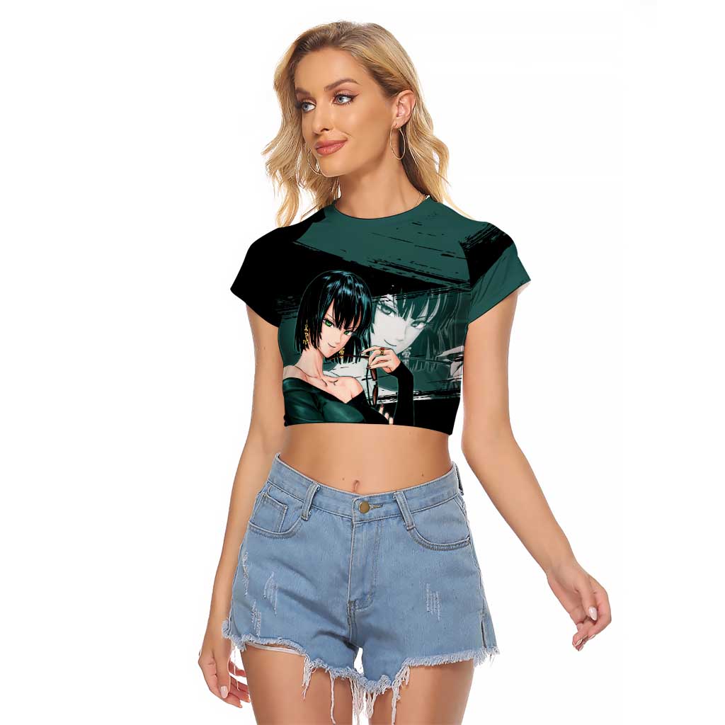 Fubuki One Punch Man Anime Teal and Black Theme Raglan Cropped T Shirt with Elegant Psychic Pose and Cool Urban Style - The Mazicc