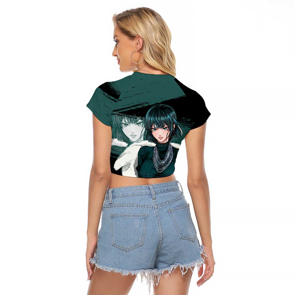 Fubuki One Punch Man Anime Teal and Black Theme Raglan Cropped T Shirt with Elegant Psychic Pose and Cool Urban Style - The Mazicc