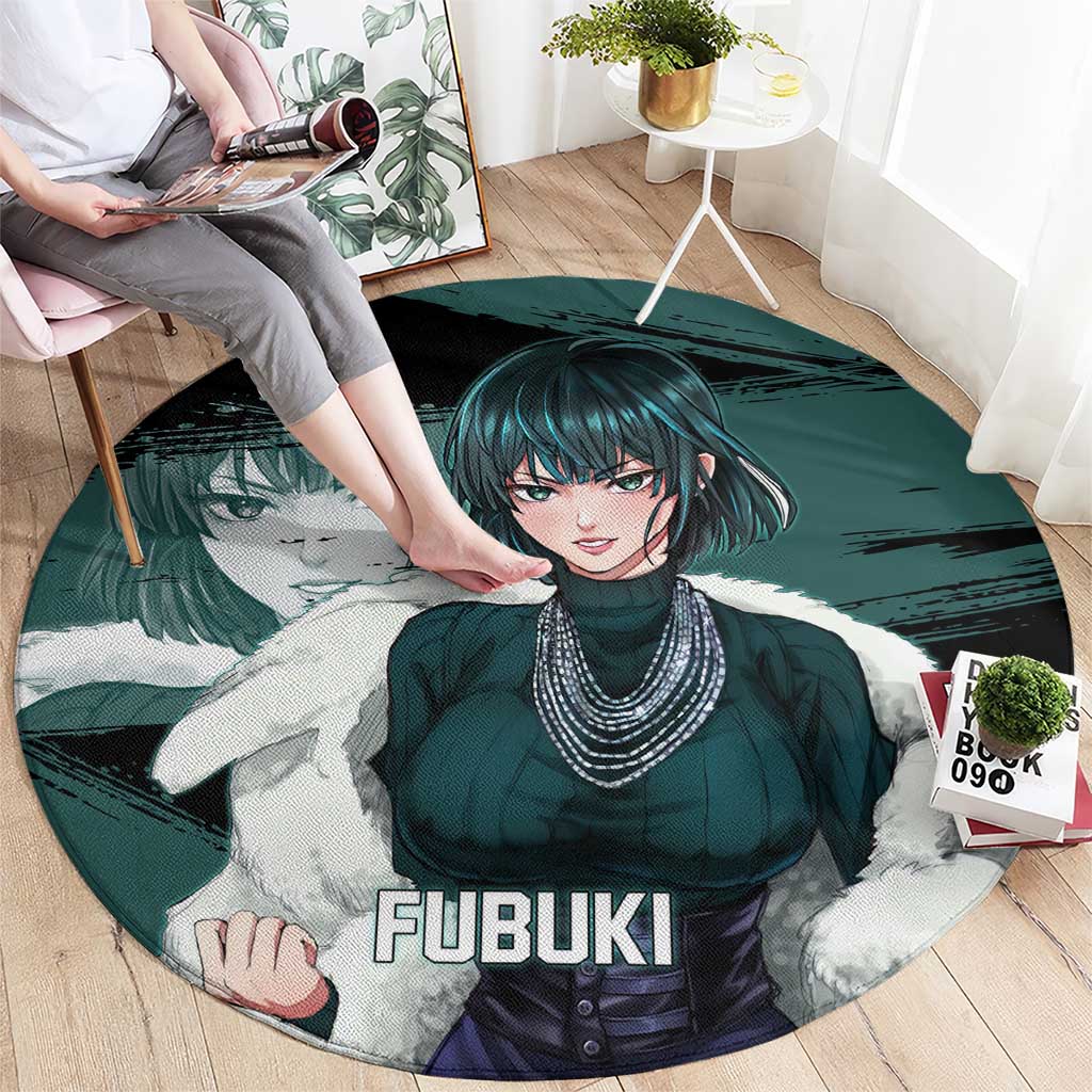 Fubuki One Punch Man Anime Teal and Black Theme Round Carpet with Elegant Psychic Pose and Cool Urban Style - The Mazicc