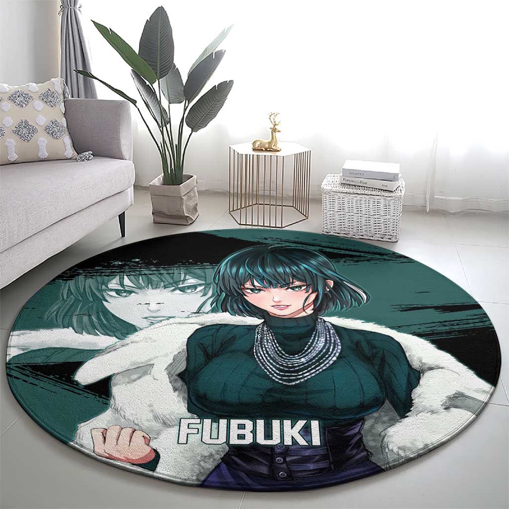 Fubuki One Punch Man Anime Teal and Black Theme Round Carpet with Elegant Psychic Pose and Cool Urban Style - The Mazicc