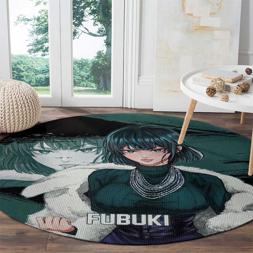 Fubuki One Punch Man Anime Teal and Black Theme Round Carpet with Elegant Psychic Pose and Cool Urban Style - The Mazicc