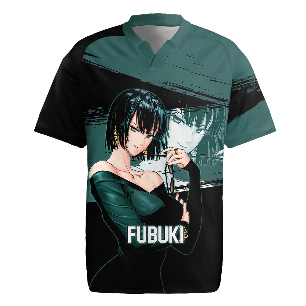 Fubuki One Punch Man Anime Teal and Black Theme Rugby Jersey with Elegant Psychic Pose and Cool Urban Style - The Mazicc