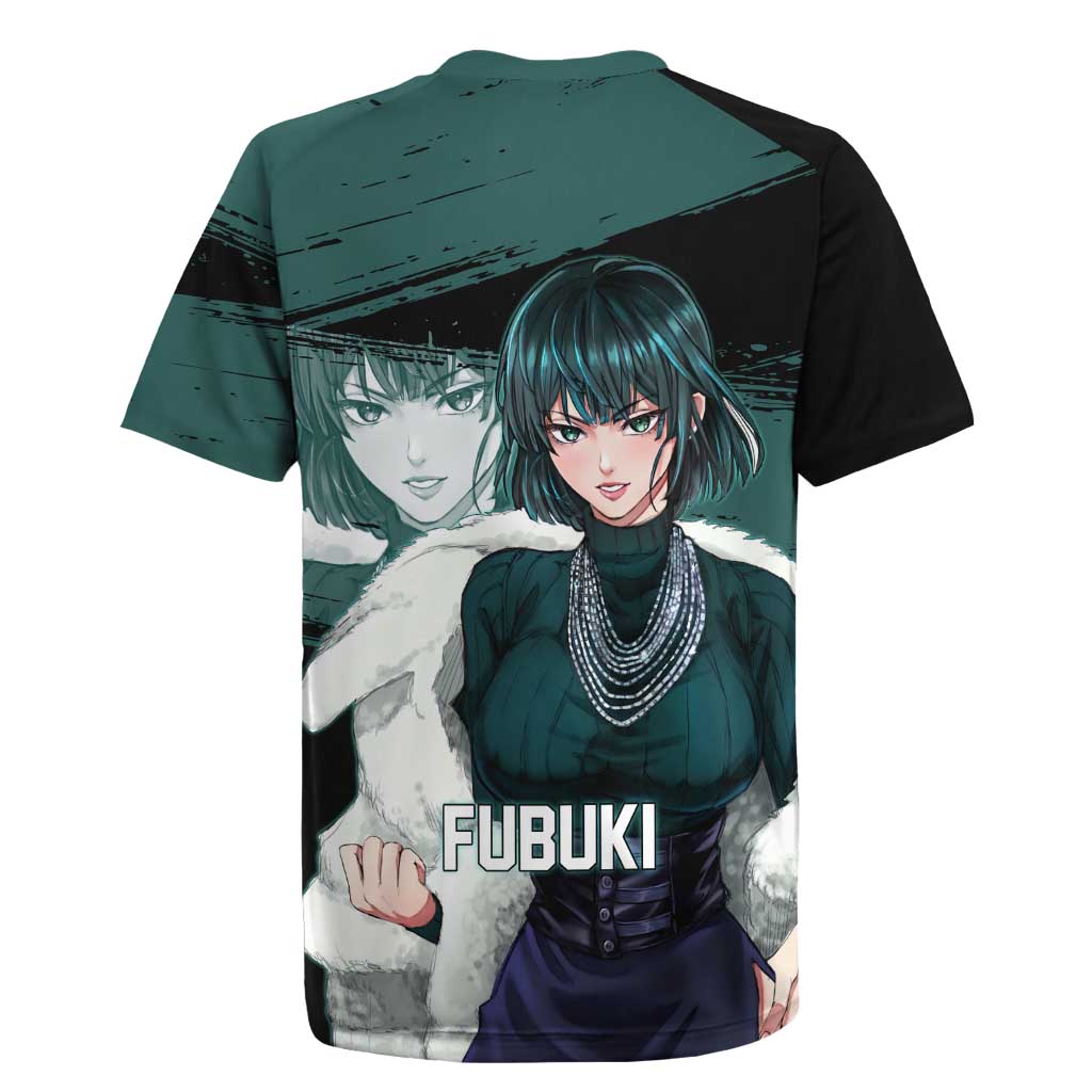 Fubuki One Punch Man Anime Teal and Black Theme Rugby Jersey with Elegant Psychic Pose and Cool Urban Style - The Mazicc