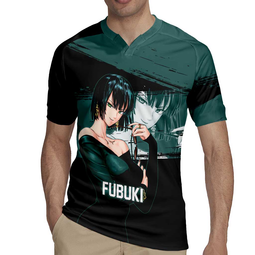 Fubuki One Punch Man Anime Teal and Black Theme Rugby Jersey with Elegant Psychic Pose and Cool Urban Style - The Mazicc