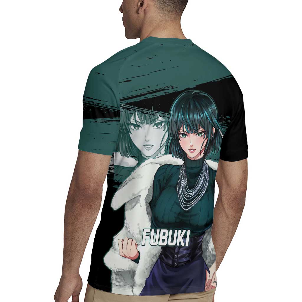 Fubuki One Punch Man Anime Teal and Black Theme Rugby Jersey with Elegant Psychic Pose and Cool Urban Style - The Mazicc