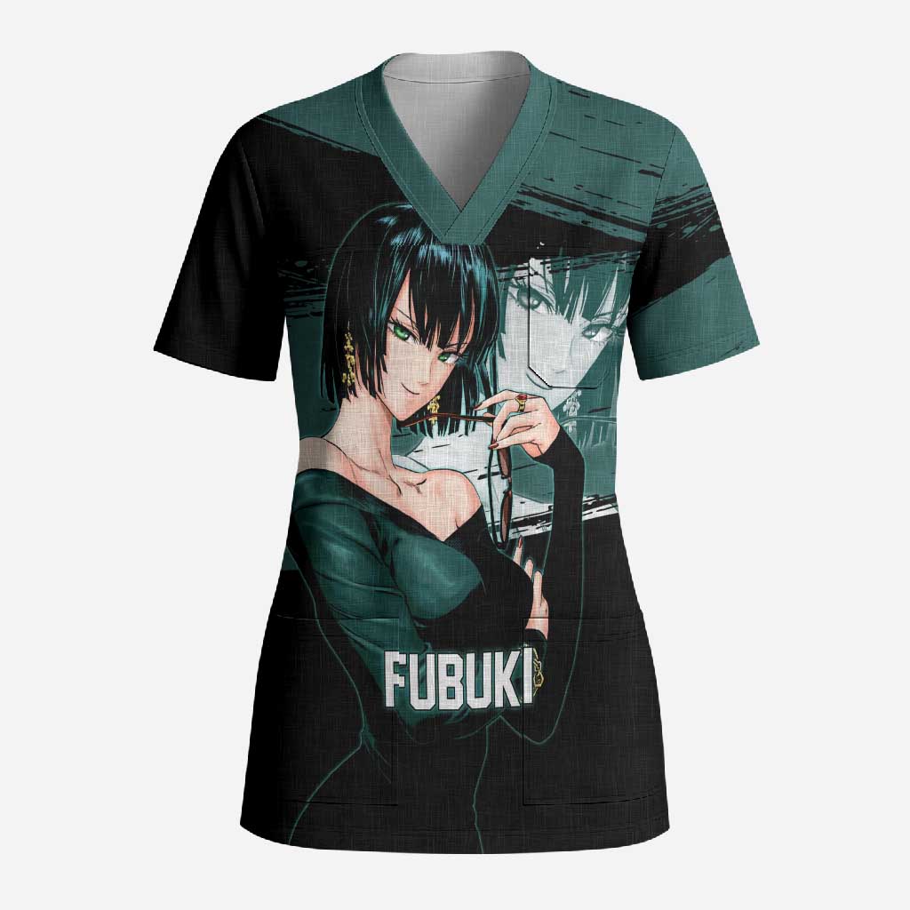 Fubuki One Punch Man Anime Teal and Black Theme Scrub Top with Elegant Psychic Pose and Cool Urban Style - The Mazicc