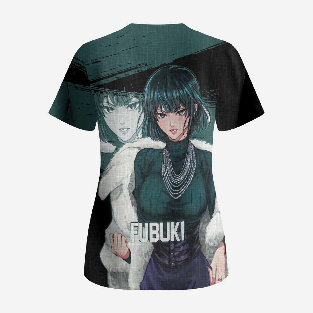 Fubuki One Punch Man Anime Teal and Black Theme Scrub Top with Elegant Psychic Pose and Cool Urban Style - The Mazicc