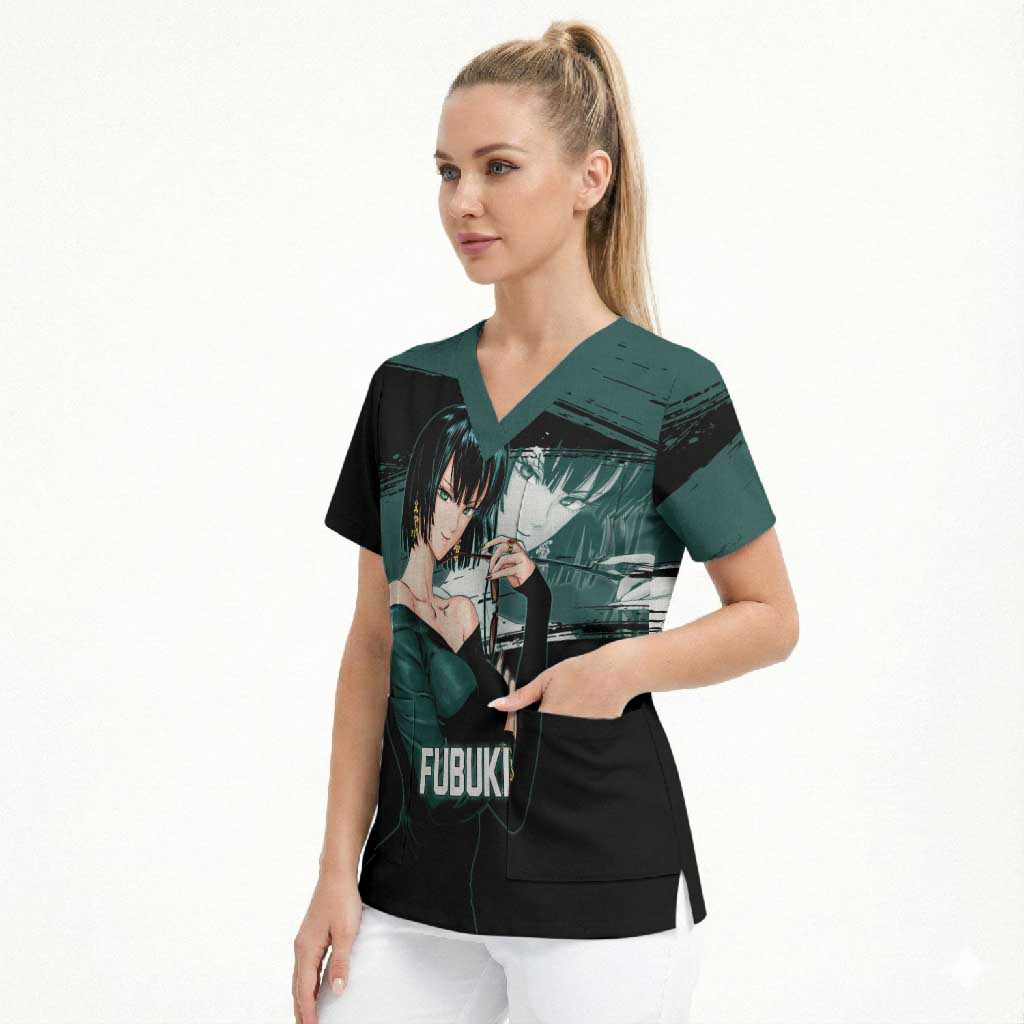 Fubuki One Punch Man Anime Teal and Black Theme Scrub Top with Elegant Psychic Pose and Cool Urban Style - The Mazicc