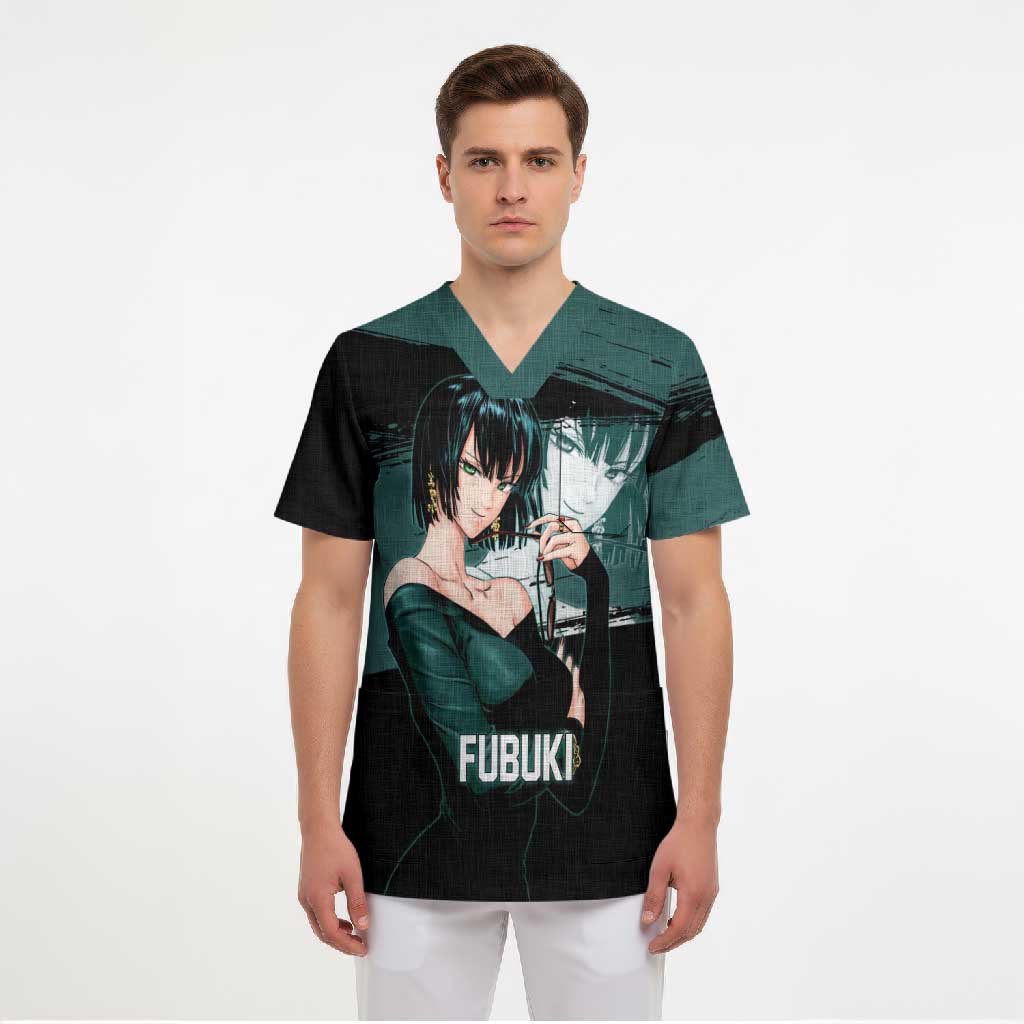 Fubuki One Punch Man Anime Teal and Black Theme Scrub Top with Elegant Psychic Pose and Cool Urban Style - The Mazicc