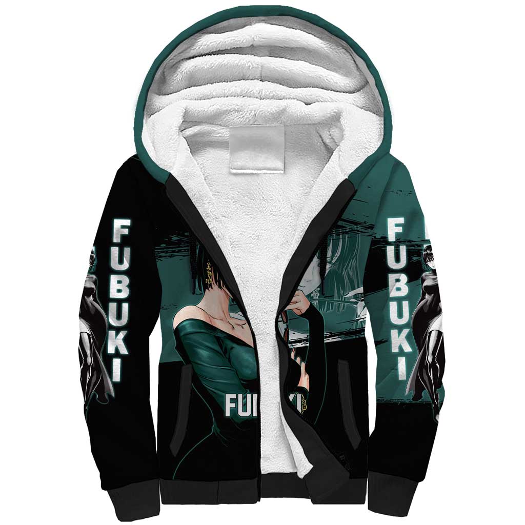 Fubuki One Punch Man Anime Teal and Black Theme Sherpa Hoodie with Elegant Psychic Pose and Cool Urban Style - The Mazicc