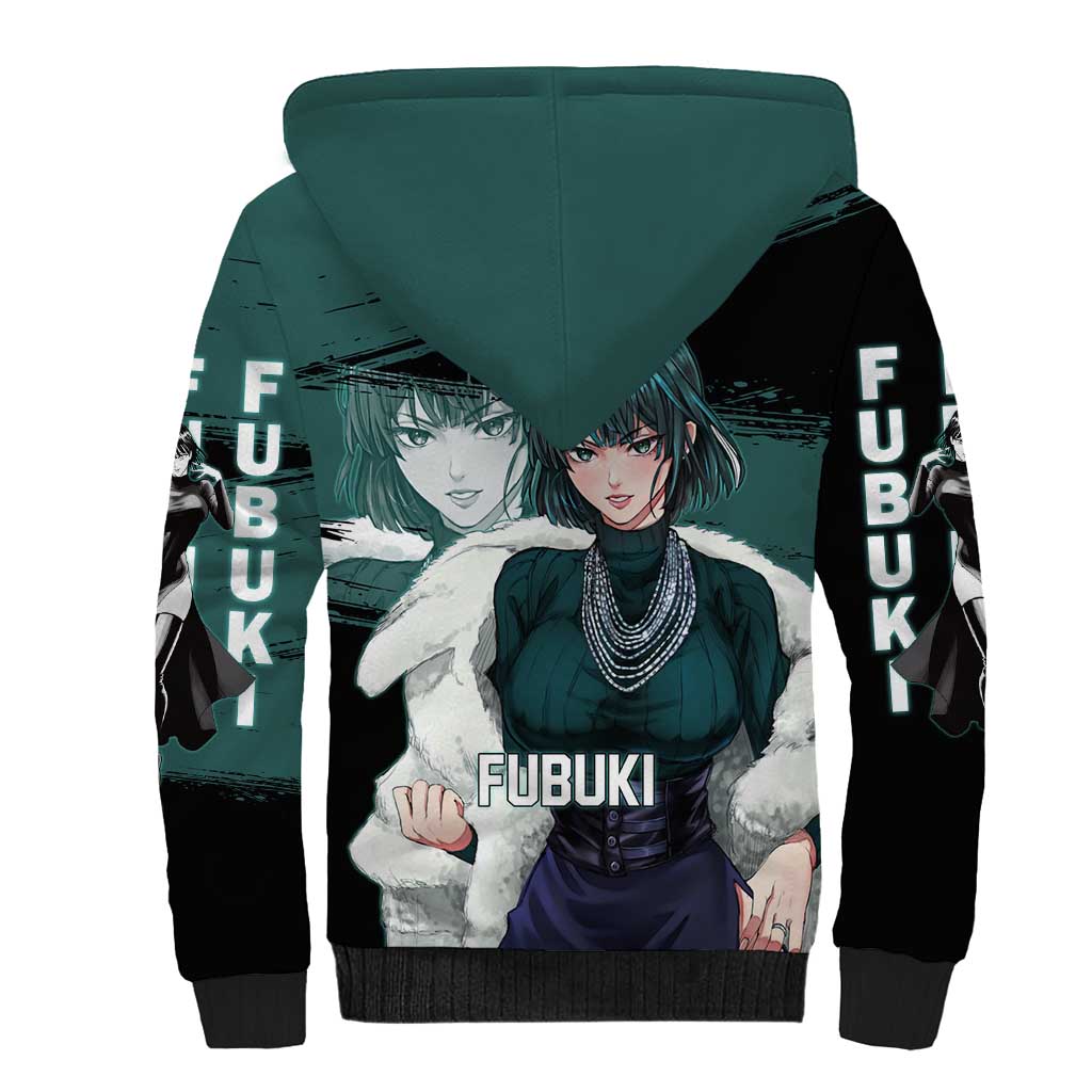 Fubuki One Punch Man Anime Teal and Black Theme Sherpa Hoodie with Elegant Psychic Pose and Cool Urban Style - The Mazicc
