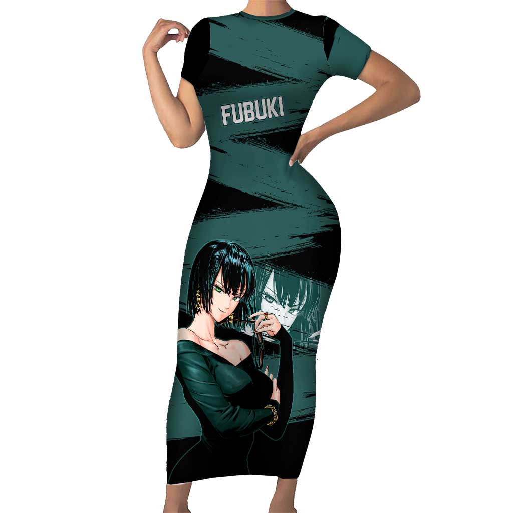 Fubuki One Punch Man Anime Teal and Black Theme Short Sleeve Bodycon Dress with Elegant Psychic Pose and Cool Urban Style - The Mazicc