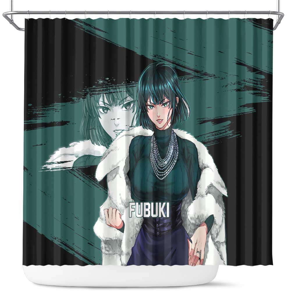 Fubuki One Punch Man Anime Teal and Black Theme Shower Curtain with Elegant Psychic Pose and Cool Urban Style - The Mazicc