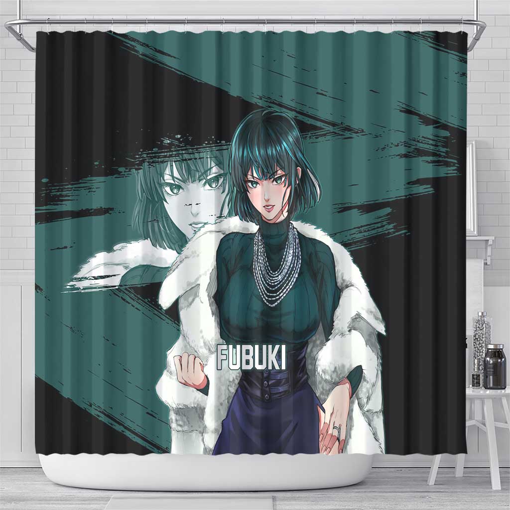 Fubuki One Punch Man Anime Teal and Black Theme Shower Curtain with Elegant Psychic Pose and Cool Urban Style - The Mazicc