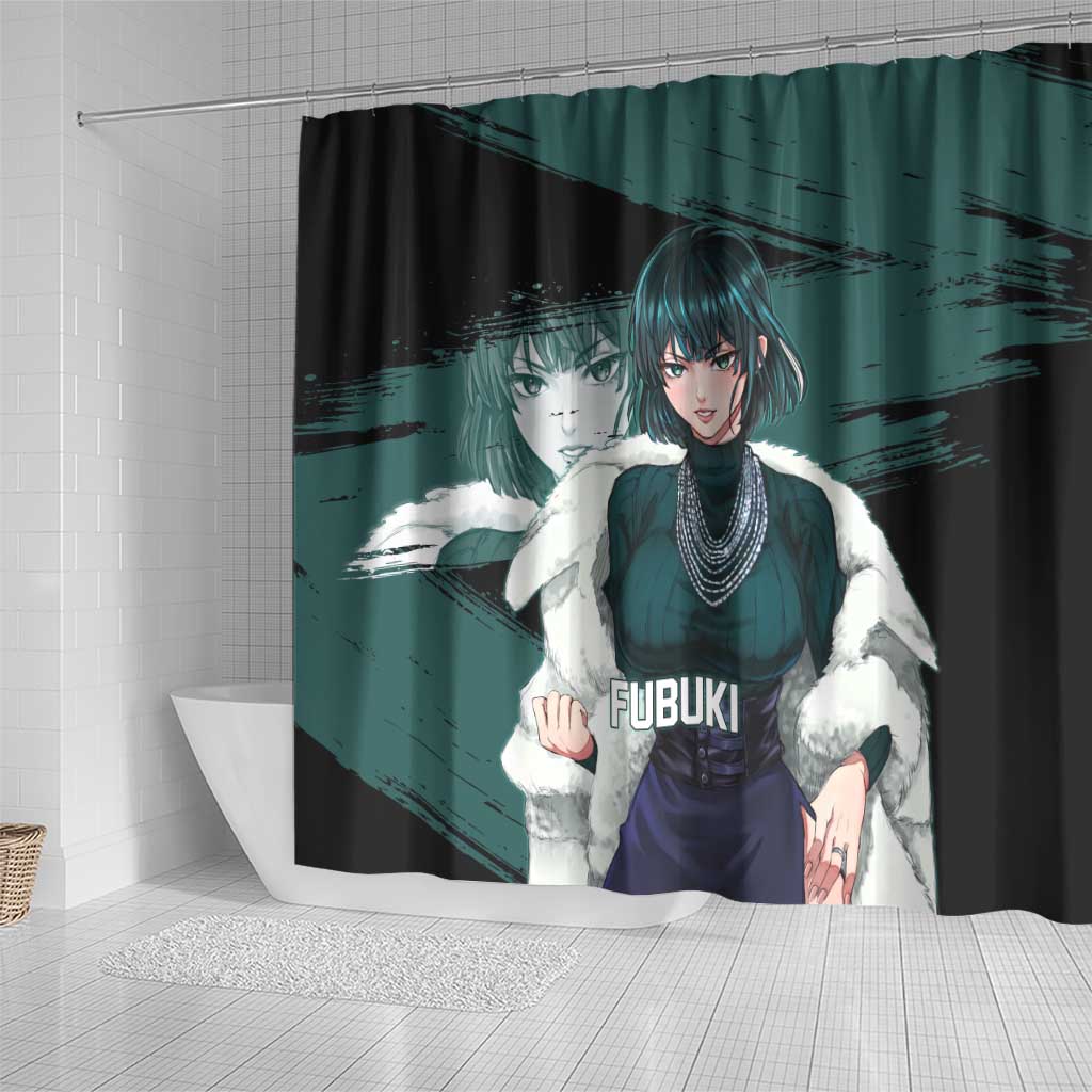 Fubuki One Punch Man Anime Teal and Black Theme Shower Curtain with Elegant Psychic Pose and Cool Urban Style - The Mazicc