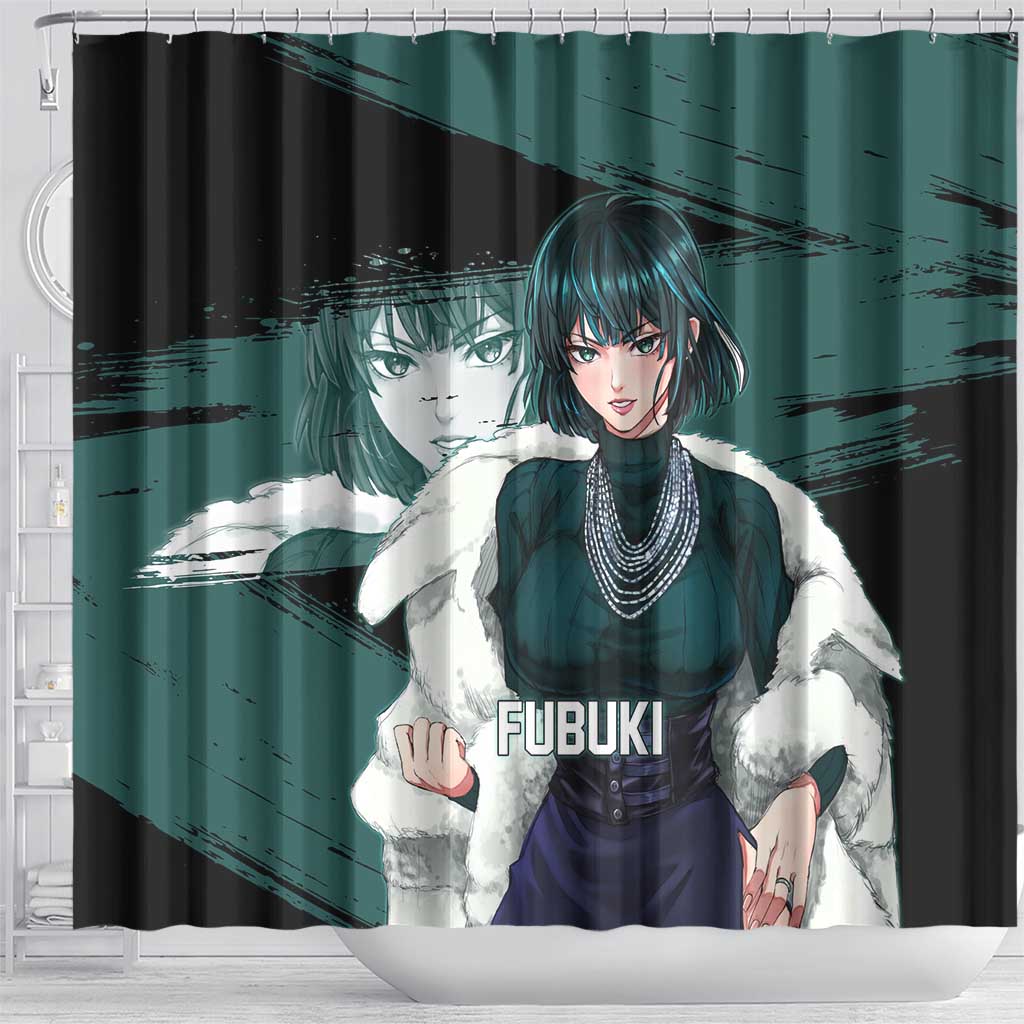 Fubuki One Punch Man Anime Teal and Black Theme Shower Curtain with Elegant Psychic Pose and Cool Urban Style - The Mazicc
