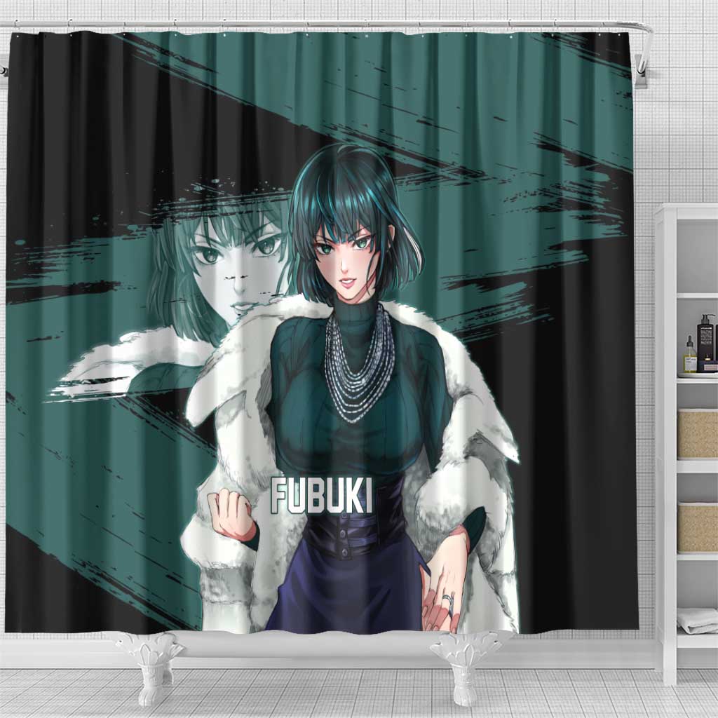Fubuki One Punch Man Anime Teal and Black Theme Shower Curtain with Elegant Psychic Pose and Cool Urban Style - The Mazicc