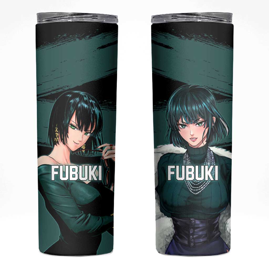 Fubuki One Punch Man Anime Teal and Black Theme Skinny Tumbler with Elegant Psychic Pose and Cool Urban Style - The Mazicc