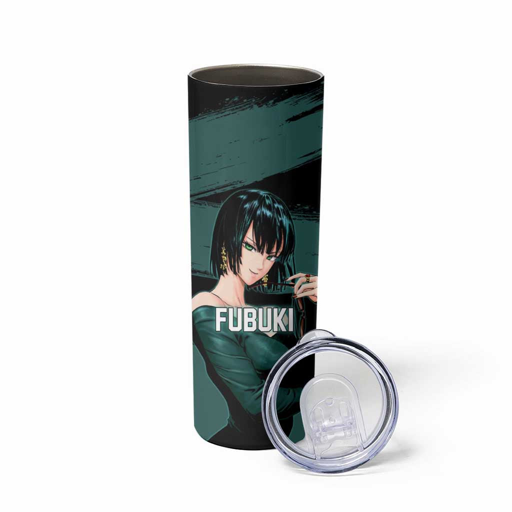 Fubuki One Punch Man Anime Teal and Black Theme Skinny Tumbler with Elegant Psychic Pose and Cool Urban Style - The Mazicc