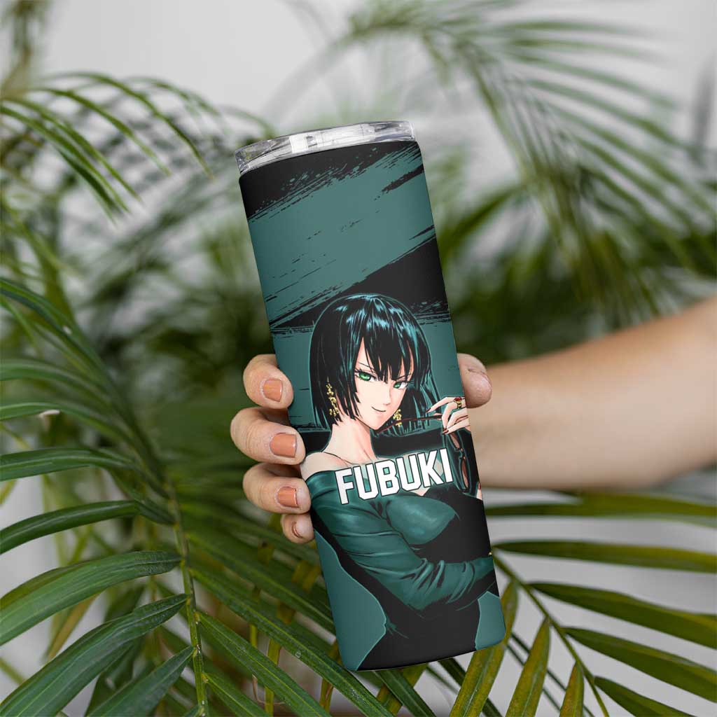 Fubuki One Punch Man Anime Teal and Black Theme Skinny Tumbler with Elegant Psychic Pose and Cool Urban Style - The Mazicc