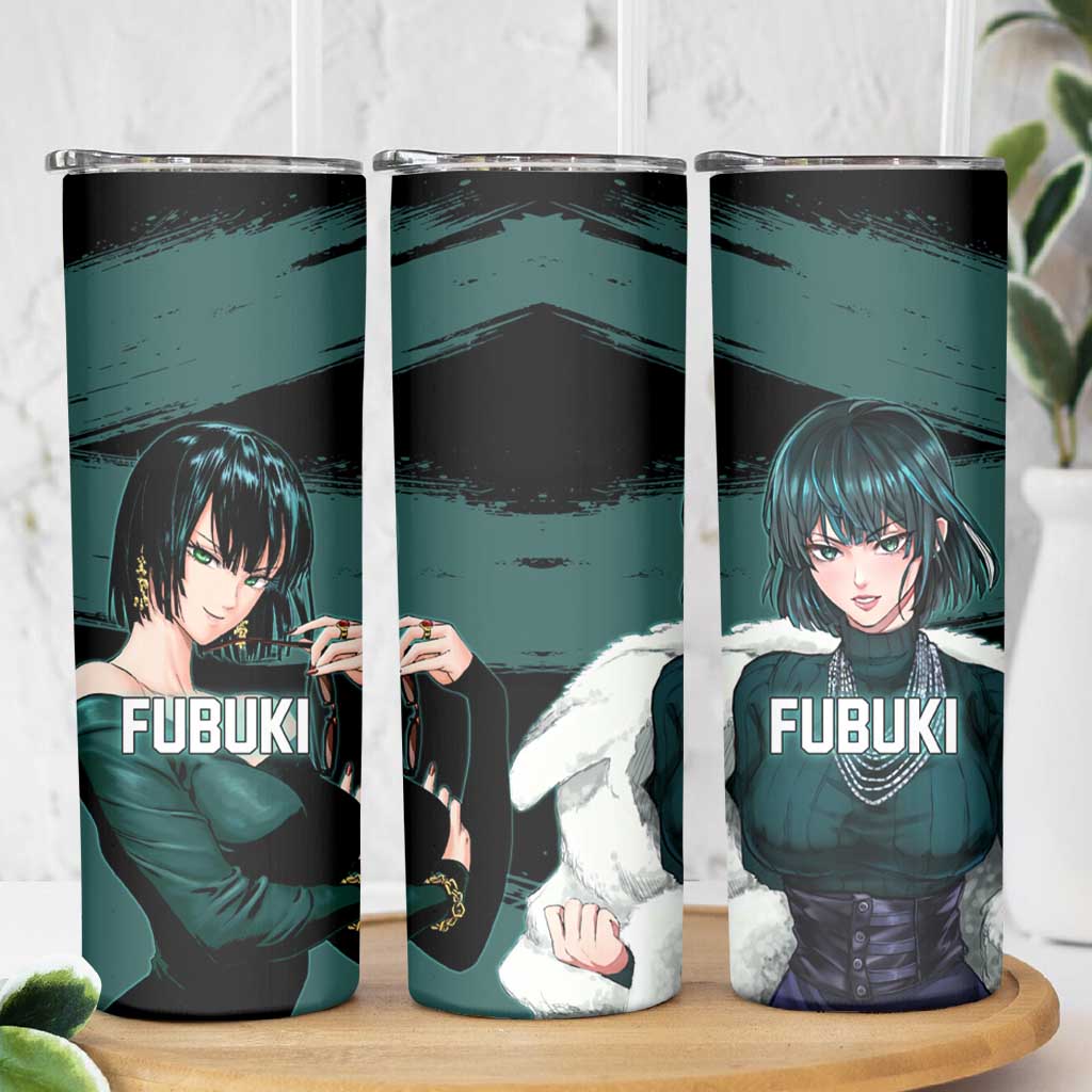 Fubuki One Punch Man Anime Teal and Black Theme Skinny Tumbler with Elegant Psychic Pose and Cool Urban Style - The Mazicc